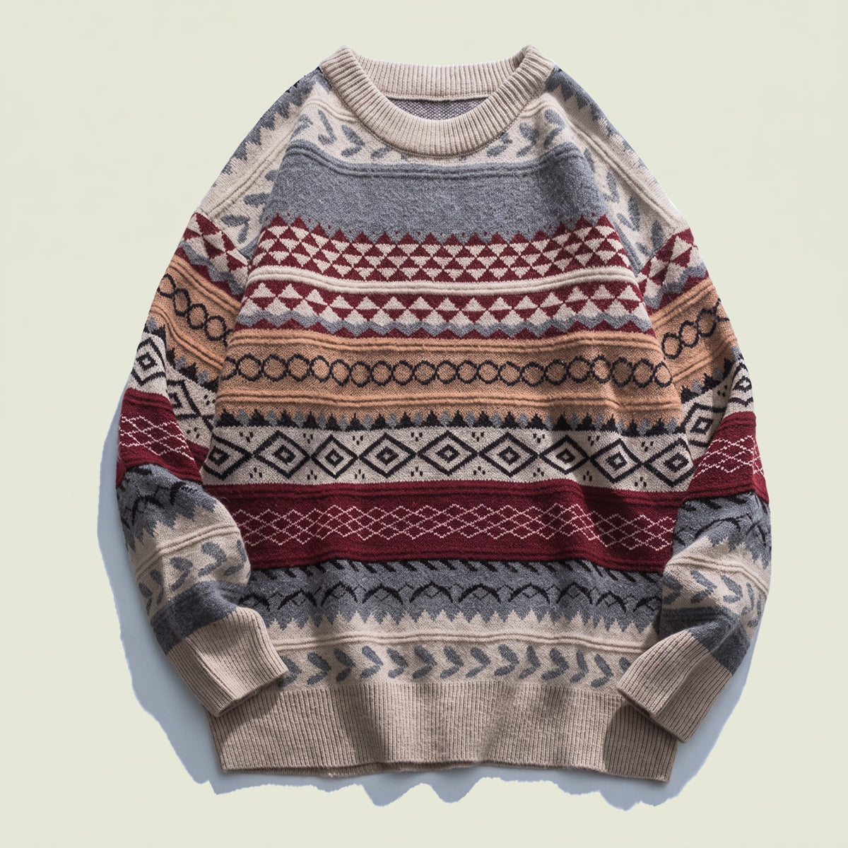 Bear's fair isle jacquard knit sweater laid flat, red colorway from Obsession