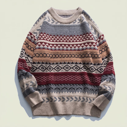 Bear's fair isle jacquard knit sweater laid flat, red colorway from Obsession