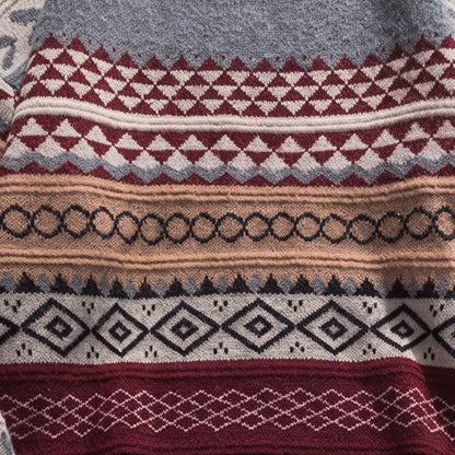 Close-up detail of the fair isle jacquard knit pattern on Bear's sweater