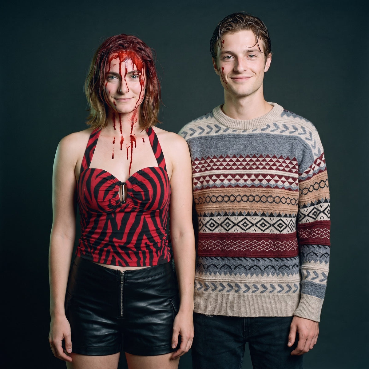 Nikki in the zebra party look and Bear in his fair isle knit sweater, standing together