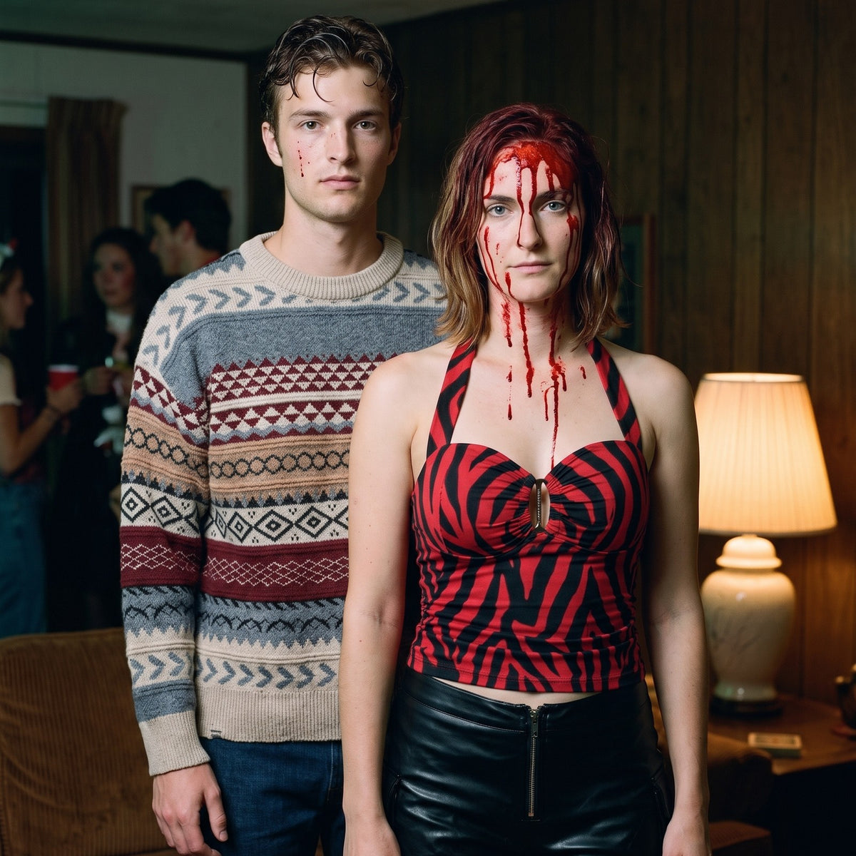 Nikki in the zebra party look next to Bear in his knit sweater, in a living room