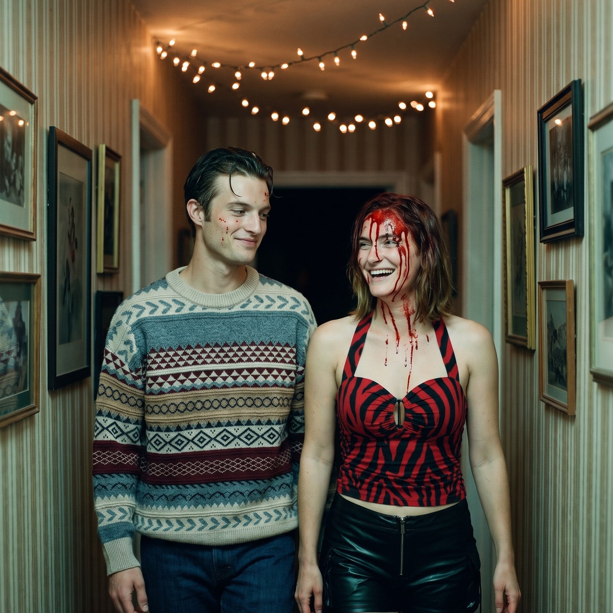 Nikki in the zebra party look and Bear in his knit sweater, walking down a hallway
