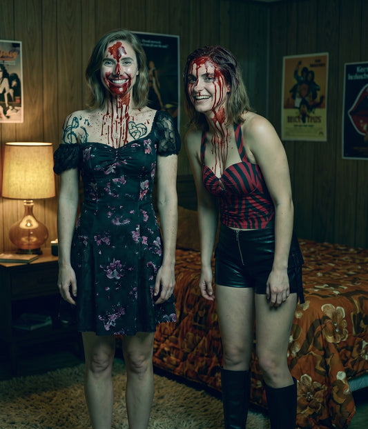The same woman in both costume looks side by side: the floral dress final look with its makeup and the zebra halter party look with fake blood on her hair and face